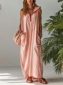 Women’s Casual Relaxed Fit Light Pink Sleeveless Hooded Maxi Dress With Large Side Pockets ZMZ0868F7SWL