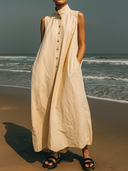Women's Minimalist Resort Style Cotton Stand Collar Sleeveless Button-Front Maxi Dress ZMZ0879F7YZH