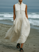 Women's Minimal Coastal Style Cotton Stand Collar Sleeveless Half Button Tiered Midi Dress ZMZ0867F8YZH