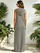 Women’s Soft Jersey Black & White Horizontal Striped Sleeveless Hooded Maxi Dress ZMZ0868F2SWL