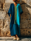 Women's Vacation Style Linen-Blend Color Block Caftan Maxi Dress With Pockets ZMZ2781D8YZH