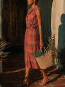 Women's Vintage Western Style Rayon Blend Plaid Sleeveless Belted Shirt Midi Dress ZMZ0887F3YZH