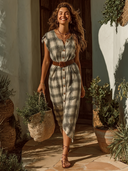 Women's Rustic Cottage Style Rayon Blend Plaid Short Sleeve Belted Button Down Midi Dress ZMZ0861F0YZH