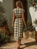 Women's Rustic Cottage Style Rayon Blend Plaid Short Sleeve Belted Button Down Midi Dress ZMZ0861F0YZH