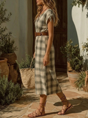 Women's Rustic Cottage Style Rayon Blend Plaid Short Sleeve Belted Button Down Midi Dress ZMZ0861F0YZH