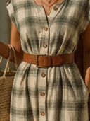 Women's Rustic Cottage Style Rayon Blend Plaid Short Sleeve Belted Button Down Midi Dress ZMZ0861F0YZH