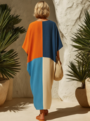 Women’s Summer Holiday Four-Color Patchwork Linen V Neck Relaxed Fit Caftan Maxi Dress ZMZ0869F5SWL