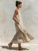 Women's Casual Linen Striped Round Neck Sleeveless Maxi Dress ZMZ0874F3XT
