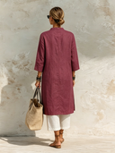 Women's Solid Color Cotton Linen Stand Collar Single-breasted Long-sleeved Midi Dress ZMZ0817F6XT