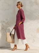 Women's Solid Color Cotton Linen Stand Collar Single-breasted Long-sleeved Midi Dress ZMZ0817F6XT