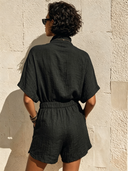 Women's Casual Solid-Color Cotton-Linen Short-Sleeve Top And Shorts Two-Piece Set ZMZ0822F6XT
