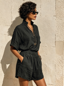 Women's Casual Solid-Color Cotton-Linen Short-Sleeve Top And Shorts Two-Piece Set ZMZ0822F6XT
