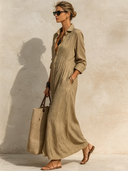 Women's Solid-Color Single-Breasted Pleated Maxi Dress ZMZ0808F0XT