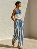 Women's Cotton-Linen Color-Block Top And Striped Trousers Two-Piece Set ZMZ0871F5XT