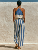 Women's Cotton-Linen Color-Block Top And Striped Trousers Two-Piece Set ZMZ0871F5XT