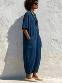 Women's Solid-Color Cotton-Linen V-Neck Short-Sleeve Maxi Dress ZMZ0824F7XT