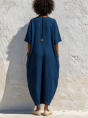 Women's Solid-Color Cotton-Linen V-Neck Short-Sleeve Maxi Dress ZMZ0824F7XT