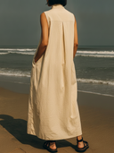 Women's Minimalist Resort Style Cotton Stand Collar Sleeveless Button-Front Maxi Dress ZMZ0879F7YZH