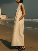 Women's Minimalist Resort Style Cotton Stand Collar Sleeveless Button-Front Maxi Dress ZMZ0879F7YZH