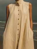 Women's Minimalist Resort Style Cotton Stand Collar Sleeveless Button-Front Maxi Dress ZMZ0879F7YZH