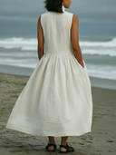 Women's Minimal Coastal Style Cotton Stand Collar Sleeveless Half Button Tiered Midi Dress ZMZ0867F8YZH