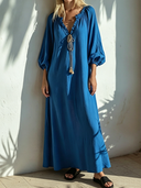 Women's French-style Elegant Vacation-ready Cotton-linen V-neck Lantern-sleeve Loose Maxi Dress ZMZ0945F4ZYY