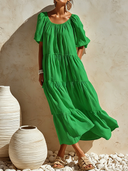 Women's Elegant Resort-Style Round Neck And Short Sleeves Cotton-Linen Loose-Fit Maxi Dress ZMZ0978F8ZYY