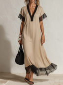 Women's Elegant Featuring A V-neck, Short Sleeves, And Mesh Paneling At The Neckline, Cuffs, And Hem. Cotton-Linen Dress ZMZ0921F0ZYY