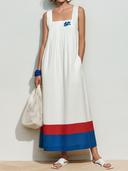Women's Premium Minimalist – Square Neck, Cotton-Linen Blend, And Chest Embroidery Sleeveless Maxi Dress ZMZ0975F5ZYY