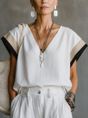 Women's Elegant Cotton-Linen Blend With Panel Detail V-Neck Short-Sleeve T-Shirt ZMZ0978F9ZYY