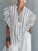 Women's Premium Minimalist Vertical-Stripe Mandarin Collar And Ruffle Sleeves Cotton-Linen Shirt ZMZ0953F5ZYY