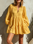 Women's Casual Resort-Style – Bright Tones, V-Neck, Lantern Sleeves, Loose Fit Cotton-Linen Mini Dress  ZMZ0999F4ZYY