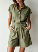 Women's Casual Vintage Multiple Pockets Cotton Short-Sleeve Collared Jumpsuit ZMZ0920F0ZYY