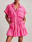 Women's Casual Retro Bright-Tone With Short Sleeves And Multiple Pockets Cotton-Linen Mini Shirt Dress  ZMZ0966F5ZYY