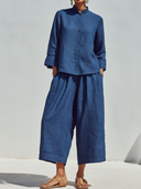 Women's Classic Casual Cotton-Linen Set: Mandarin Collar Mid-Sleeve Shirt And Elastic-Waist Wide-Leg Pants ZMZ0939F3ZYY