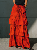 Women's Casual Red Cotton-Linen Tiered Elastic Waist I Skirt ZMZ0976F3ZYY