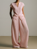 Women's Premium Minimalist Pleated-Texture Stand-Collar Short-Sleeve T-Shirt And Elastic-Waist Wide-Leg Pants Set ZMZ0966F1ZYY