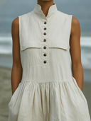 Women's Minimal Coastal Style Cotton Stand Collar Sleeveless Half Button Tiered Midi Dress ZMZ0867F8YZH
