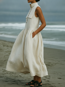 Women's Minimal Coastal Style Cotton Stand Collar Sleeveless Half Button Tiered Midi Dress ZMZ0867F8YZH