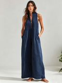 Women's Classic Denim Blue Sleeveless Front Zipper Loose Maxi Dress ZMZ0955F7SWL