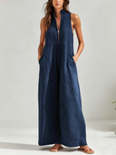 Women's Classic Denim Blue Sleeveless Front Zipper Loose Maxi Dress ZMZ0955F7SWL