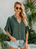 Women's Classic Dark Green Cotton-Linen V-Neck Loose Short-Sleeve Top ZMZ0992F8SWL