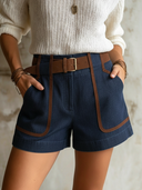 Women's Classic Vintage Navy Blue Shorts With Contrast Brown SuedeTrim Pockets（Includes Belt）ZMZ0958F2SWL