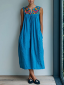 Women's Boho Folk Style Cotton Linen Floral Embroidered Sleeveless Notch Neck Midi Dress ZMZ0979F7YZH