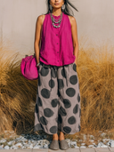 Women's Boho Casual Style Cotton Linen Sleeveless Top & Rayon Polka Dot Wide Leg Pants Set ZMZ0991F9YZH