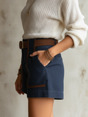 Women's Classic Vintage Navy Blue Shorts With Contrast Brown SuedeTrim Pockets（Includes Belt）ZMZ0958F2SWL