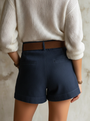 Women's Classic Vintage Navy Blue Shorts With Contrast Brown SuedeTrim Pockets（Includes Belt）ZMZ0958F2SWL