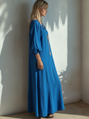 Women's French-style Elegant Vacation-ready Cotton-linen V-neck Lantern-sleeve Loose Maxi Dress ZMZ0945F4ZYY