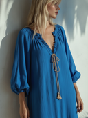 Women's French-style Elegant Vacation-ready Cotton-linen V-neck Lantern-sleeve Loose Maxi Dress ZMZ0945F4ZYY