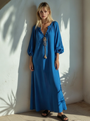Women's French-style Elegant Vacation-ready Cotton-linen V-neck Lantern-sleeve Loose Maxi Dress ZMZ0945F4ZYY